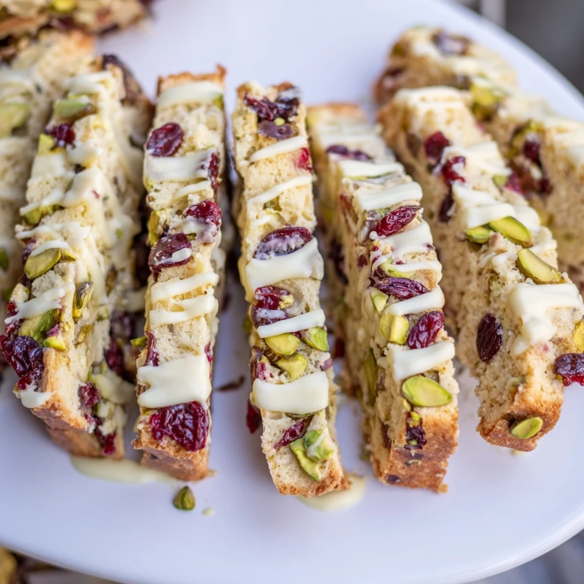 Golden brown White Chocolate Cranberry Pistachio Biscotti, drizzled with white chocolate, perfect with morning coffee.