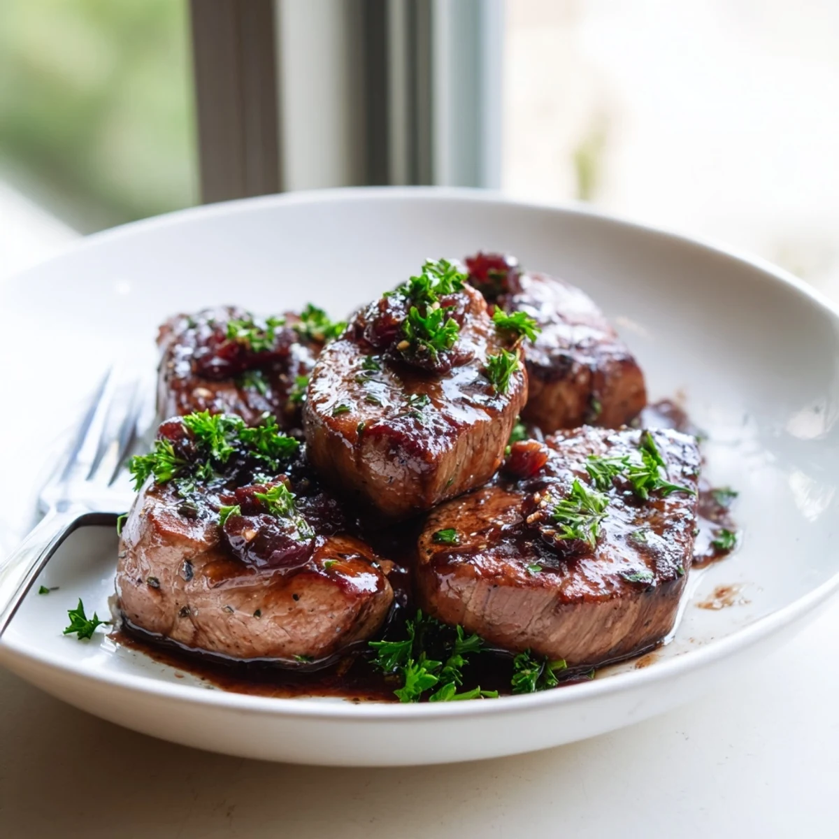 Juicy slices of Tart Cherry Date Glazed Pork Tenderloin, glistening with a vibrant glaze just served.