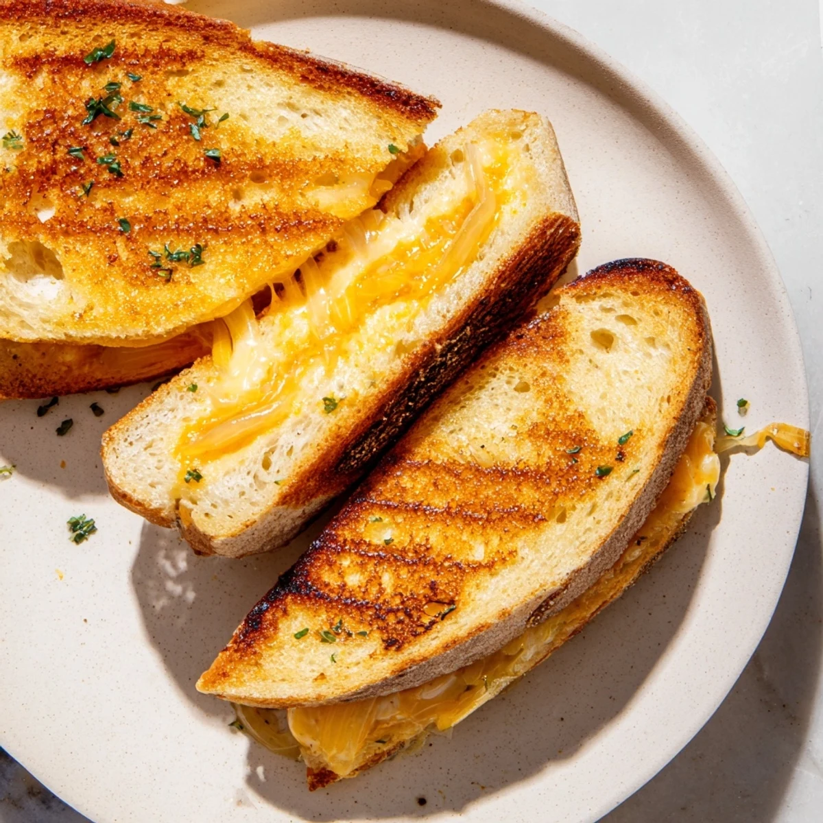 Golden-brown French Onion Grilled Cheese, oozing melted Gruyère, a delicious comfort food meal.