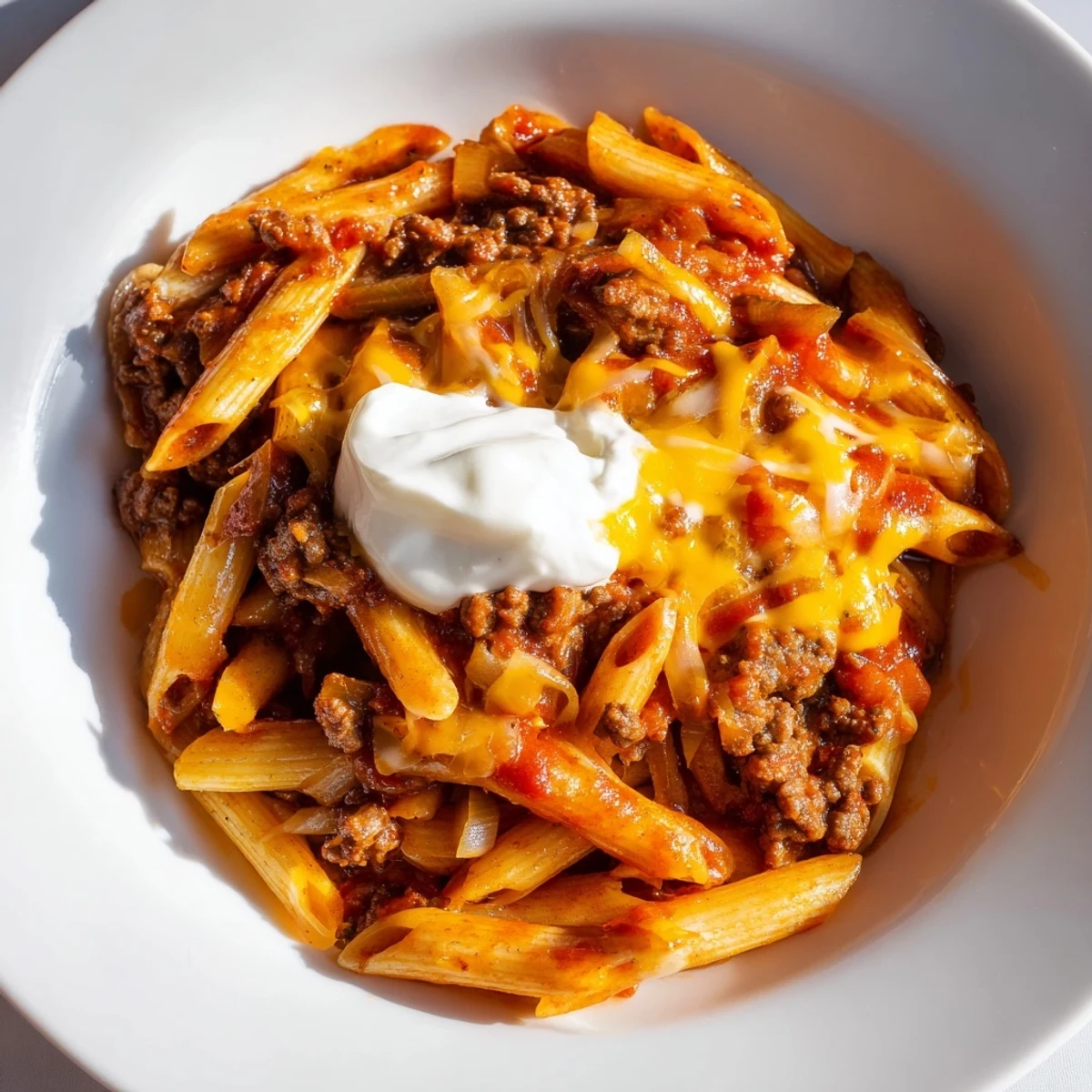 Easy Beef Enchilada Pasta, a one-pot meal, featuring melted cheese and rich, savory sauce.