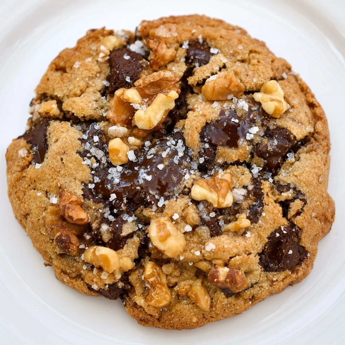 Golden brown Best Ever Butterscotch Chocolate Chip Cookies with flaky sea salt sprinkles on top.