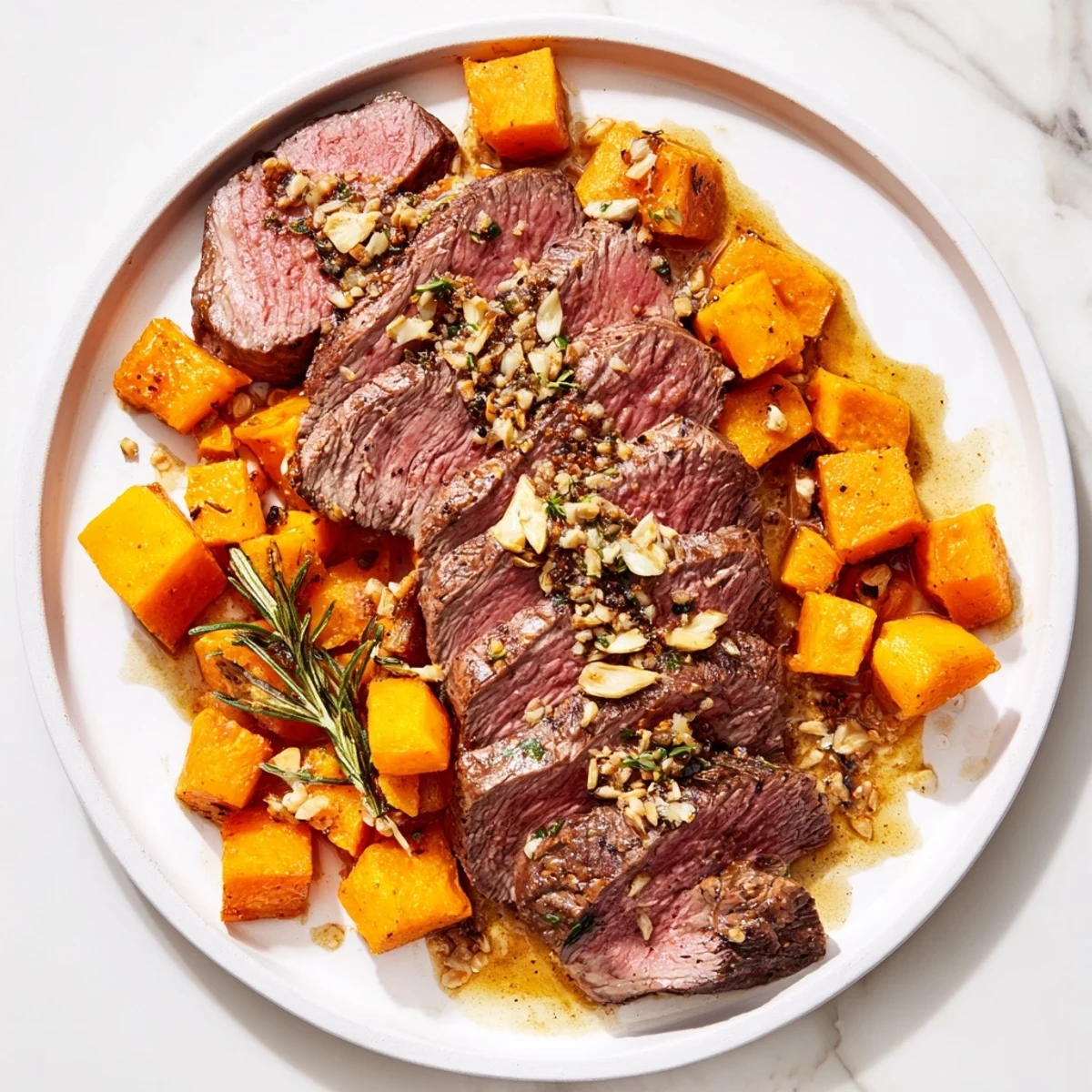 Seared garlic-herb seasoned steak and sweet butternut squash bowls, a flavorful American dinner.