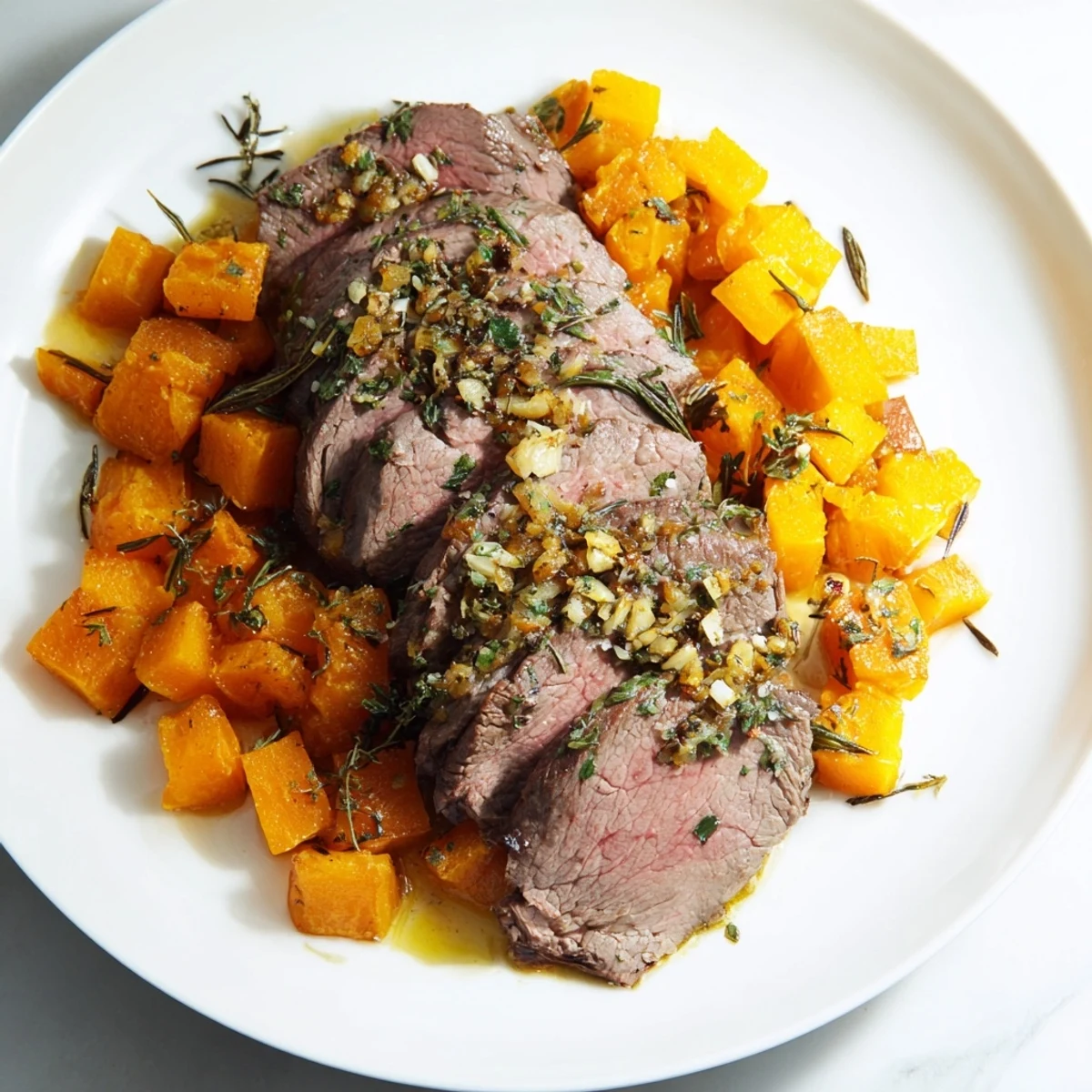Tender sirloin steak and roasted butternut squash, components of a delicious garlic herb steak bowl.