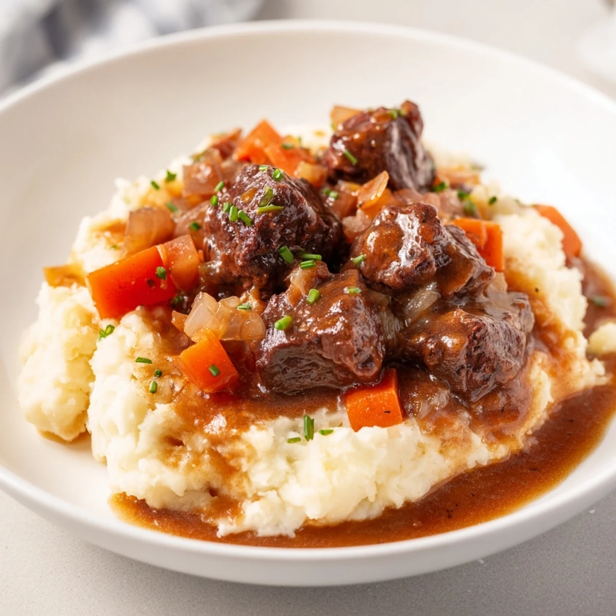 A close-up of a warm bowl of Fall Apple Cider Stew shows savory beef and vegetables.