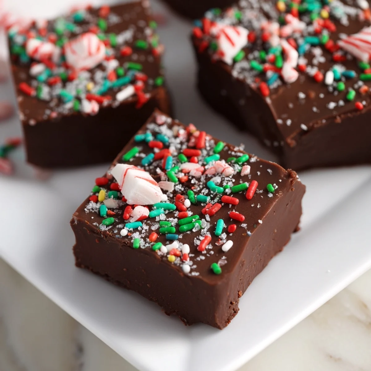 Easy 3-Ingredient Christmas Fudge Squares, meltingly smooth, showing off the peppermint candy topping for holiday dessert joy.