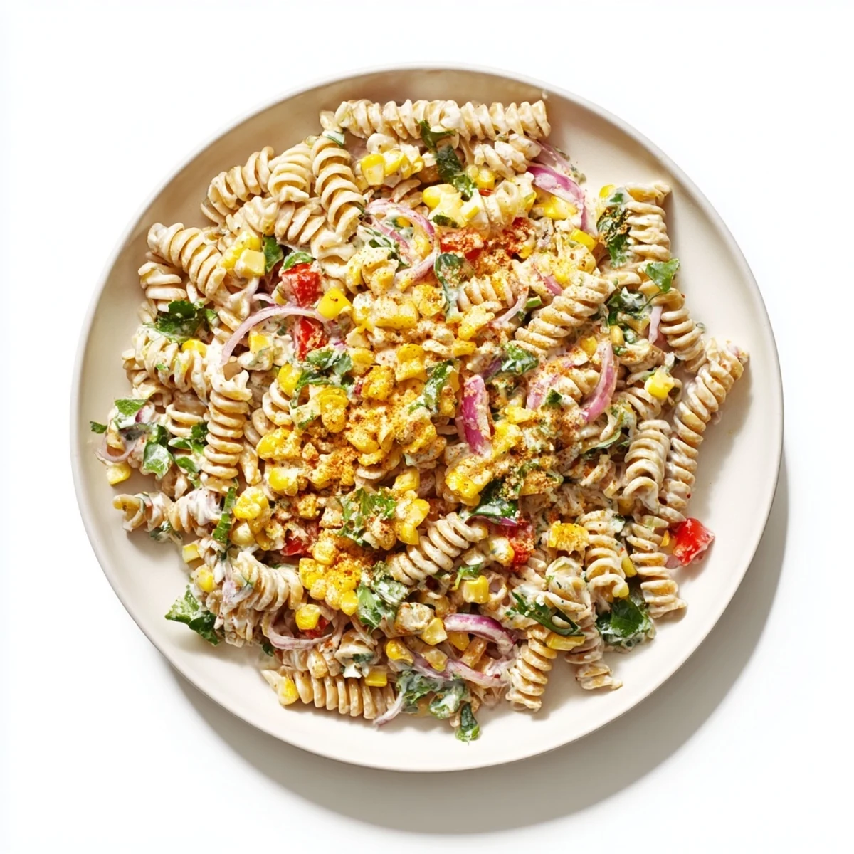 Healthier Mexican Street Corn Pasta Salad with vibrant charred corn, creamy yogurt dressing, and fresh herbs.