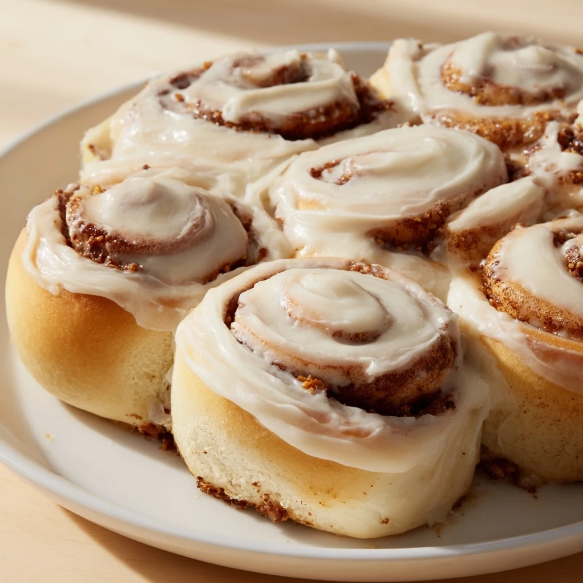 Golden-brown TikTok Heavy Cream Cinnamon Rolls overflowing with rich, creamy icing, ready to devour.