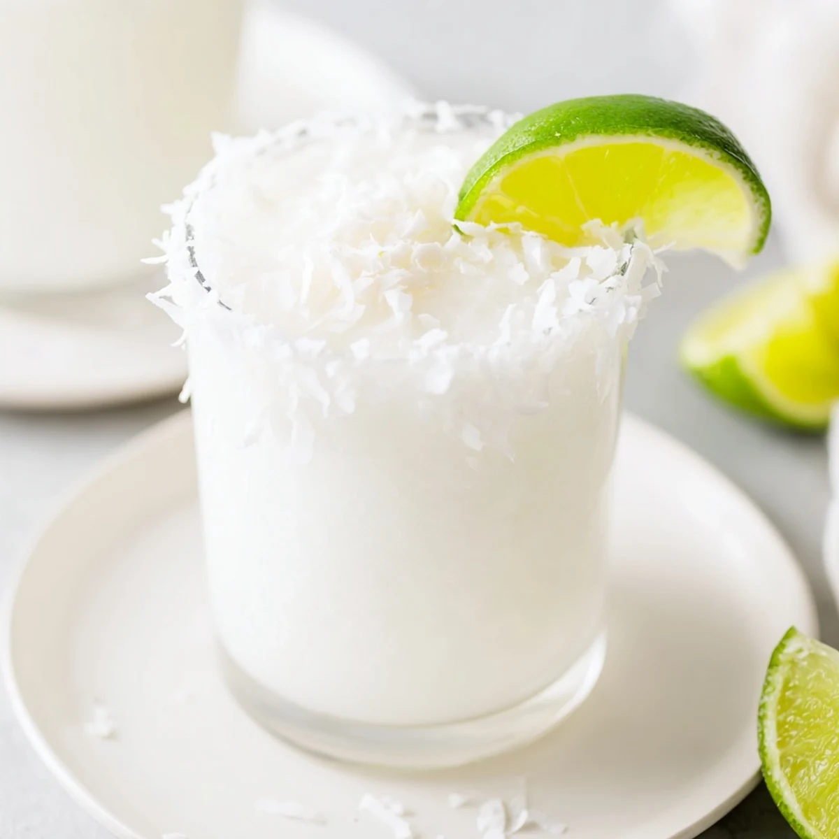 A creamy White Christmas Margarita Slush, garnished with coconut and lime wedges, looks refreshingly festive.