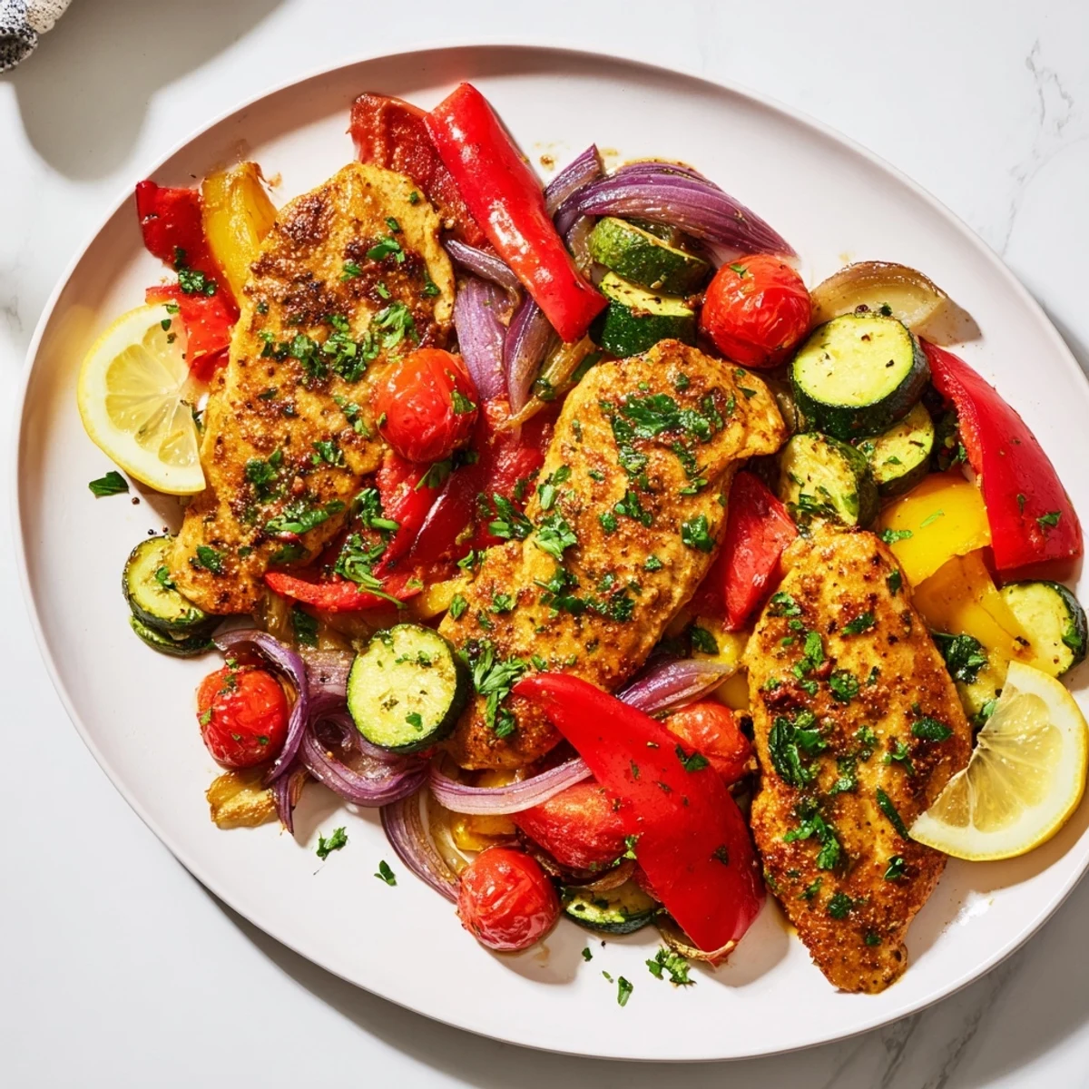 Golden-brown Sheet Pan Lemon Oregano Chicken Cutlets with bright lemon slices and fresh herbs, ready to serve.