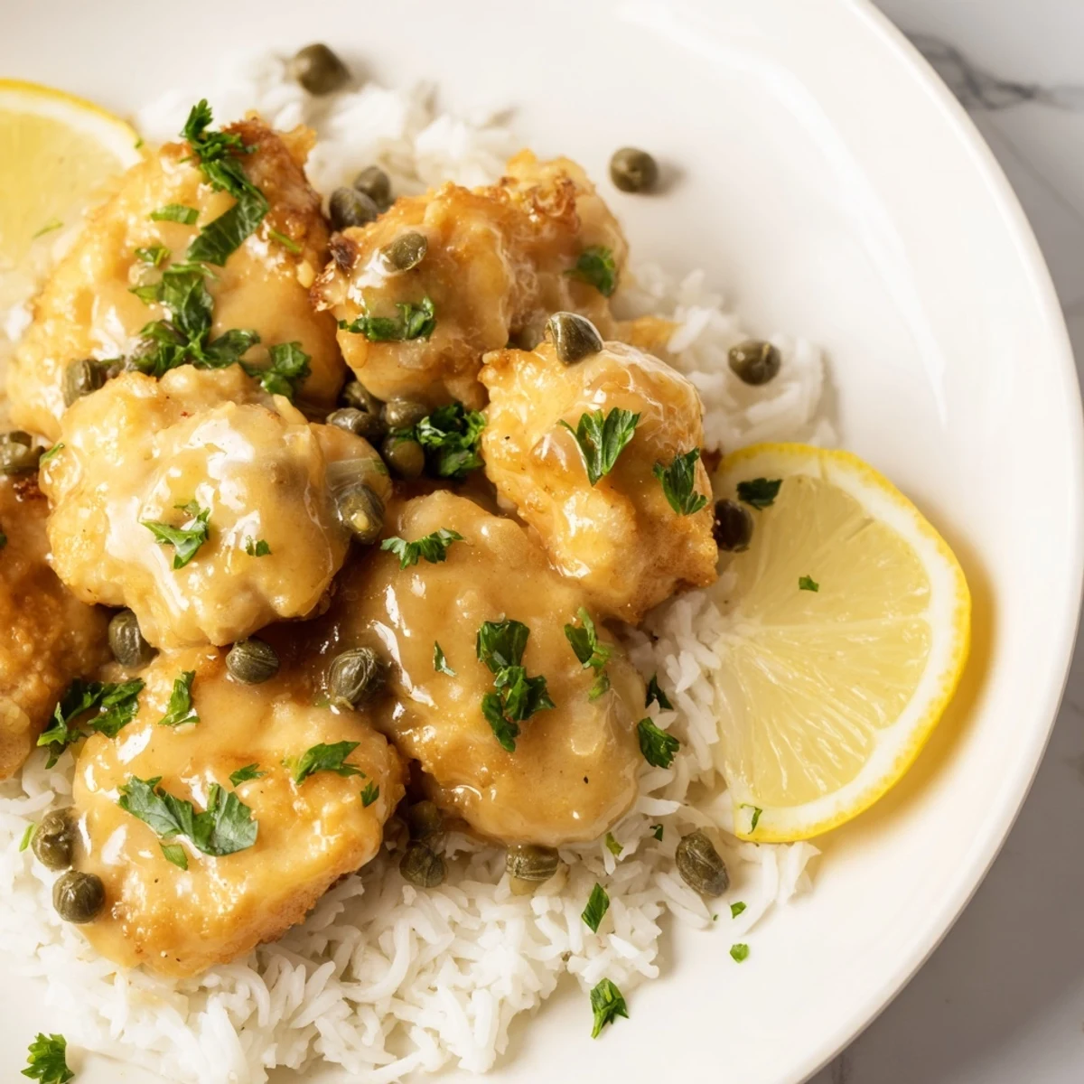Express Chicken Piccata Rice Bowl, a delicious Italian-American dish with golden chicken, served over fluffy rice.