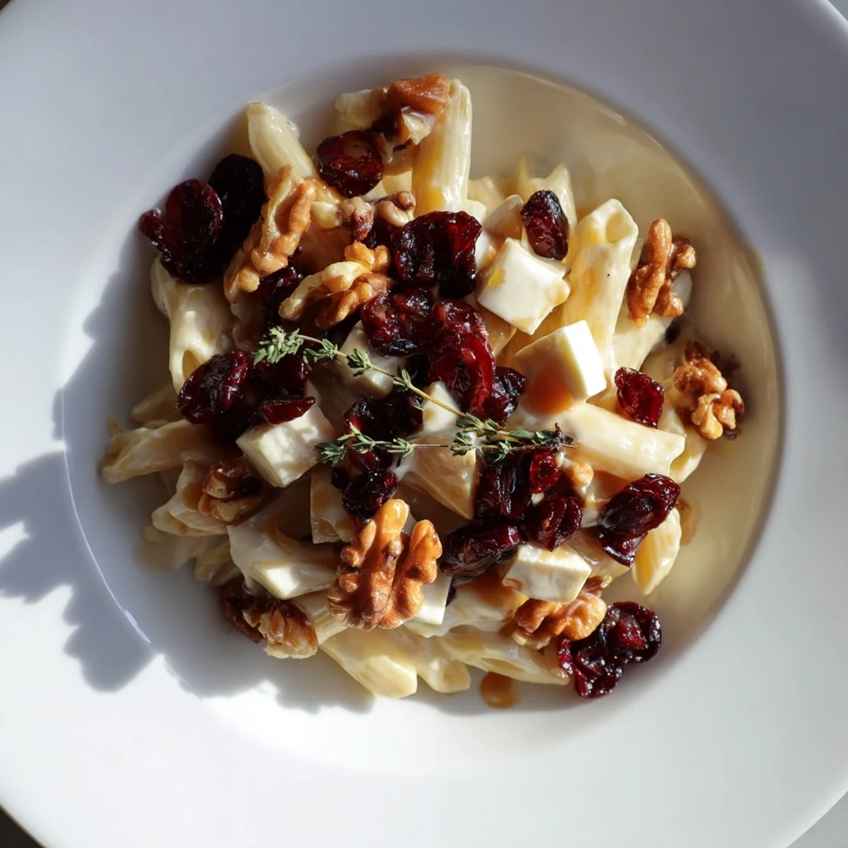Golden-brown Baked Brie & Cranberry Pasta, a festive vegetarian main dish, with bubbling cheese.