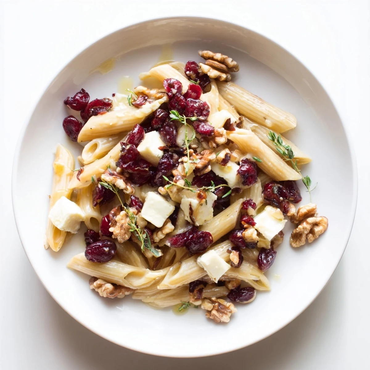 Creamy Baked Brie & Cranberry Pasta, showing glistening cranberries with toasted walnuts and fresh herbs.