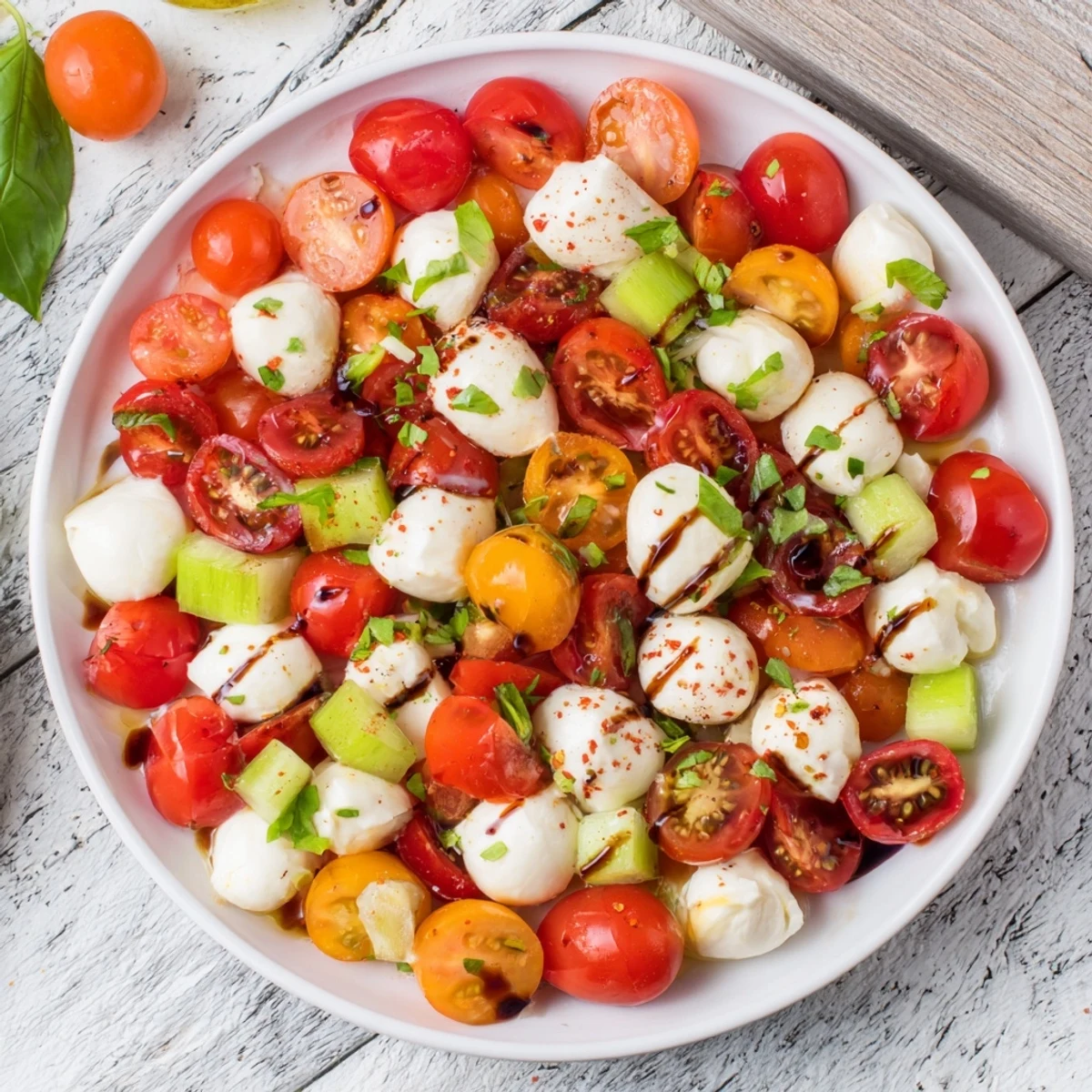 Easy Simple Holiday Chopped Caprese Salad, beautifully presented with a balsamic drizzle for a delightful holiday side.