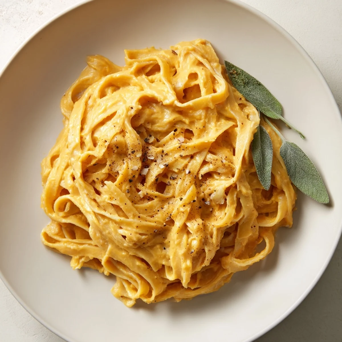 Healthy Creamy Pumpkin Sage Holiday Pasta: a warm bowl of pasta, glistening with a vibrant pumpkin sauce.