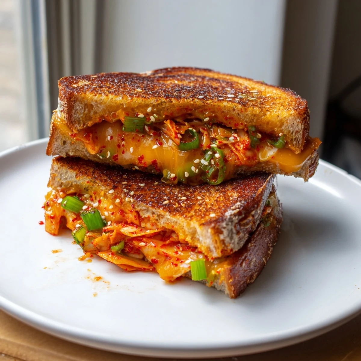 Golden-brown Skillet Kimchi & Cheddar Fusion Grilled Cheese, with melted cheese and crispy bread.