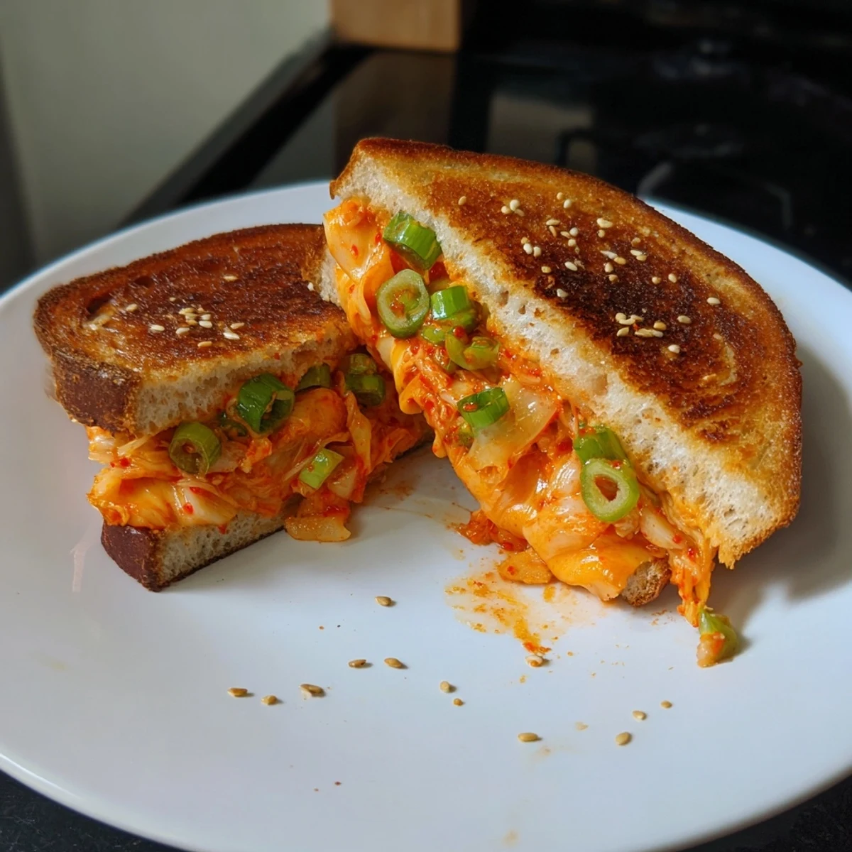Tangy kimchi and sharp cheddar create a flavorful Skillet Kimchi & Cheddar Fusion Grilled Cheese sandwich, served warm.
