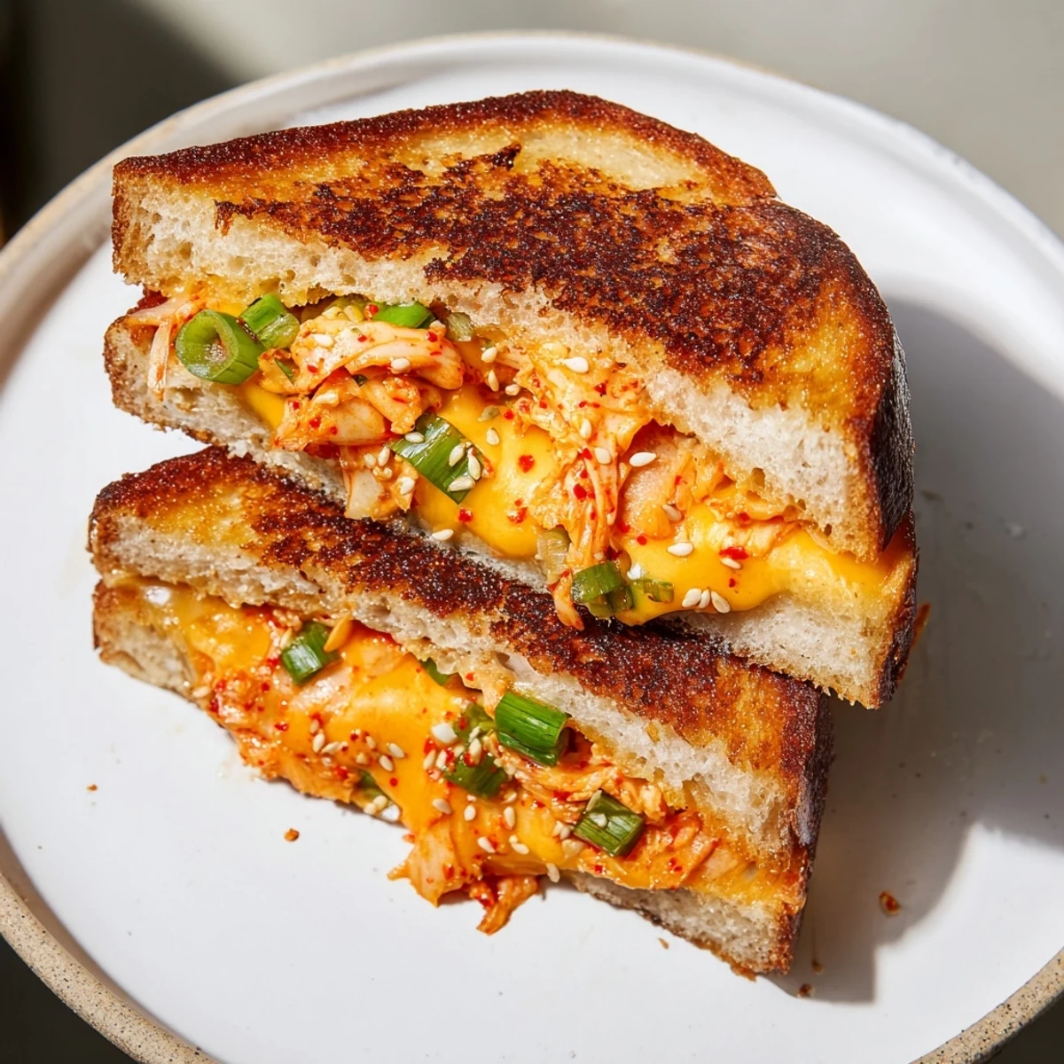 A close-up view of the delicious Skillet Kimchi & Cheddar Fusion Grilled Cheese, oozing with melted cheese, ready to eat.