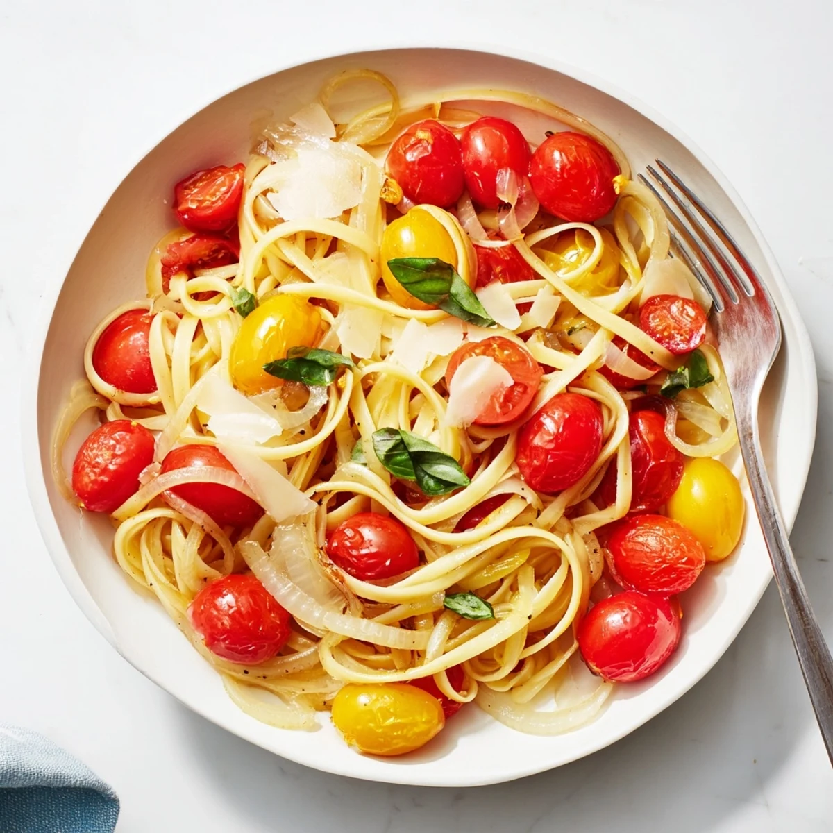 Fresh basil and cheese garnish Cozy Fireplace One-Pan Tomato Basil Pasta, a perfect Italian comfort food.
