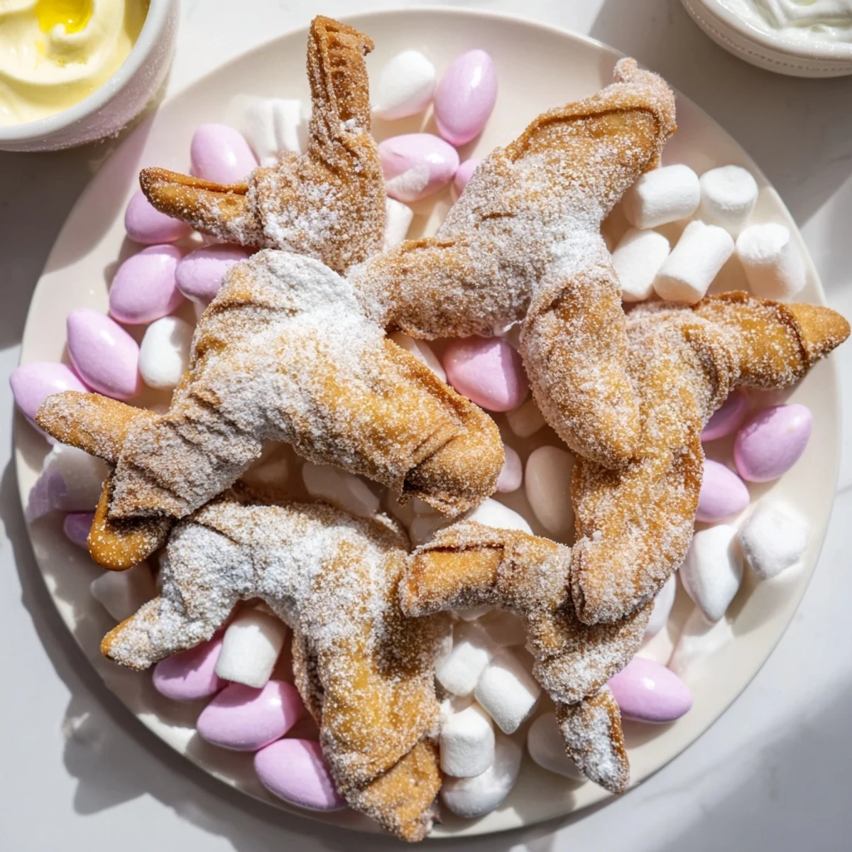 Dusty angel wings candy board, surrounded by colorful candies and fresh fruit ready to be enjoyed.