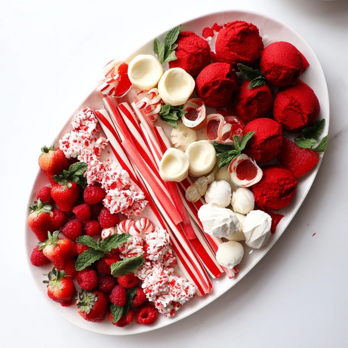 Festive candy cane striped platter boasts vibrant red and white treats for your holiday dessert table.