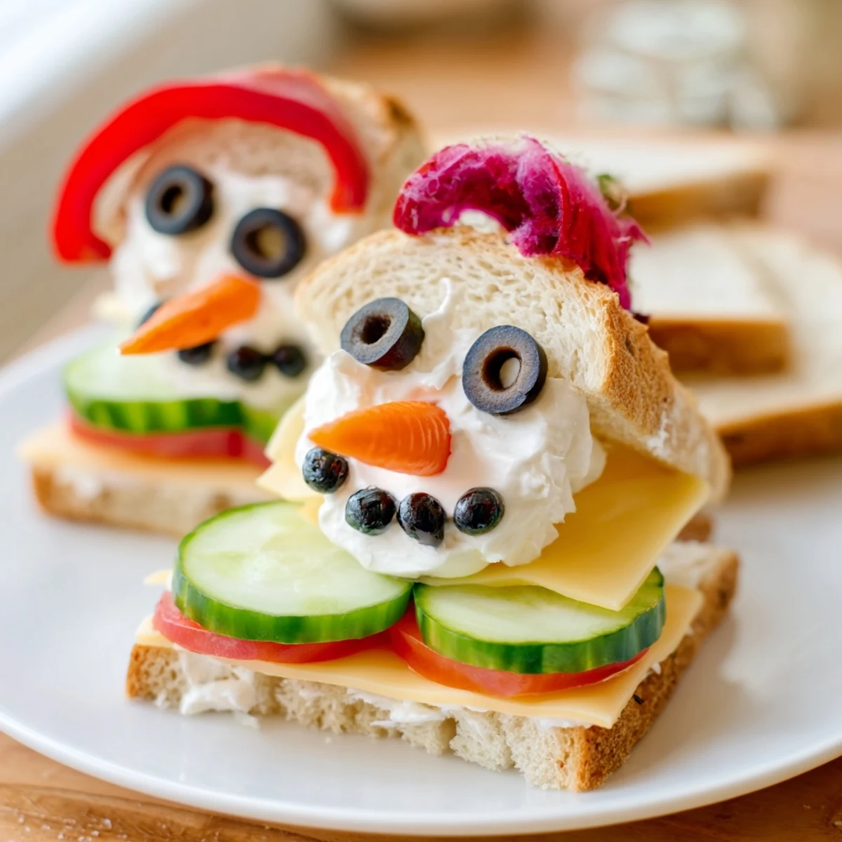 Homemade Snowman Sandwich Stack, a fun and easy lunch featuring smiling olive eyes and carrot noses.