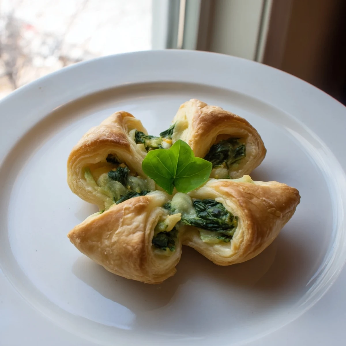 Golden Lucky Clover St. Patrick's Day Bites, a flaky pastry filled with creamy spinach and cheese.