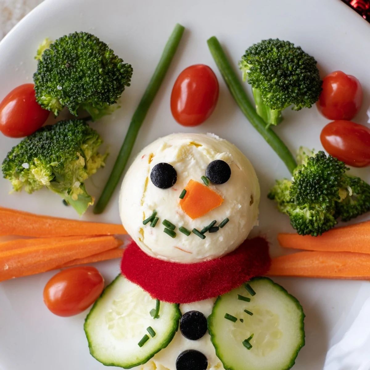 Creamy Snowman Veggie Dip Platter featuring a fun snowman encircled by fresh, vibrant vegetables.
