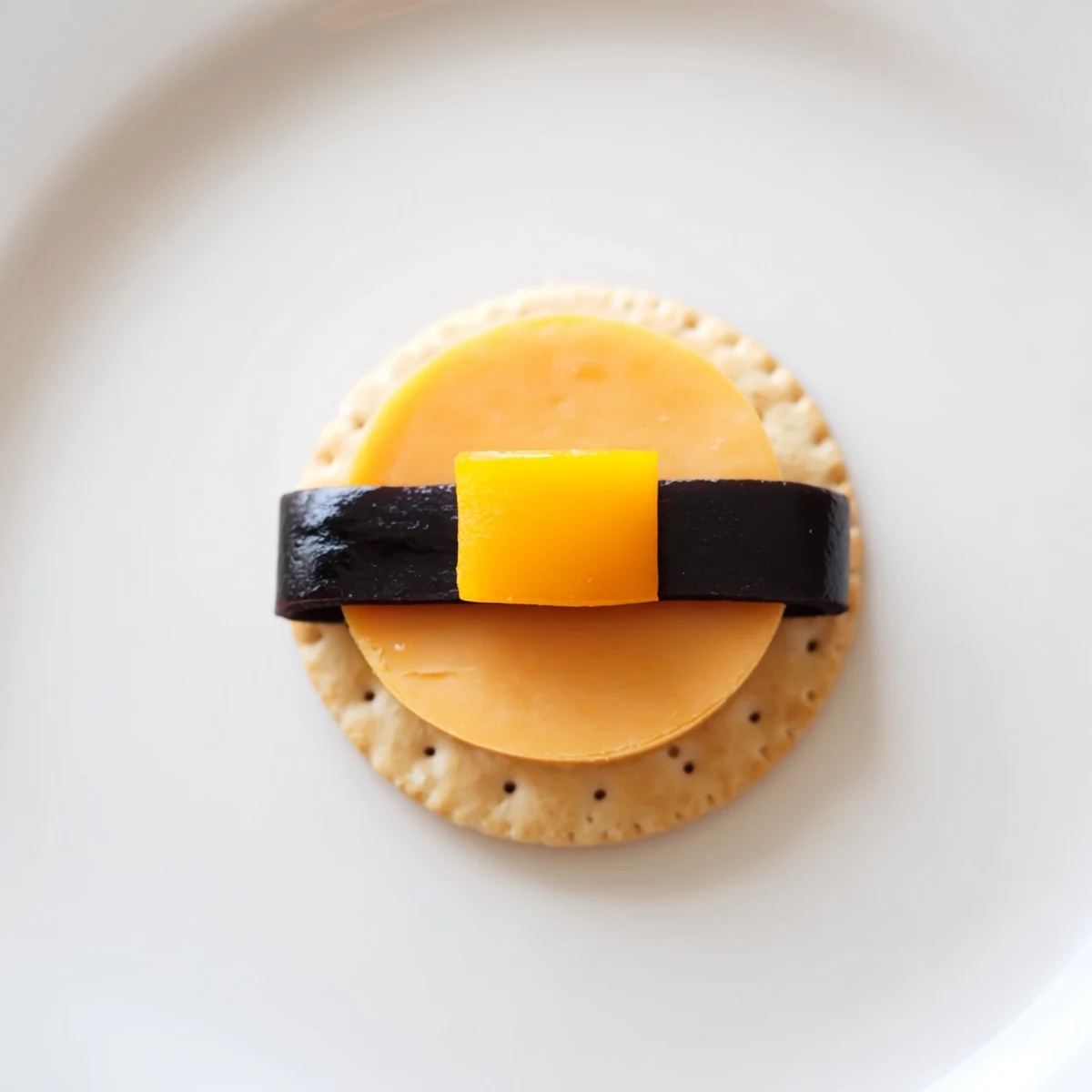 A close-up of holiday Santa's Belt Crackers, featuring olives and yellow pepper buckles atop a creamy dip.