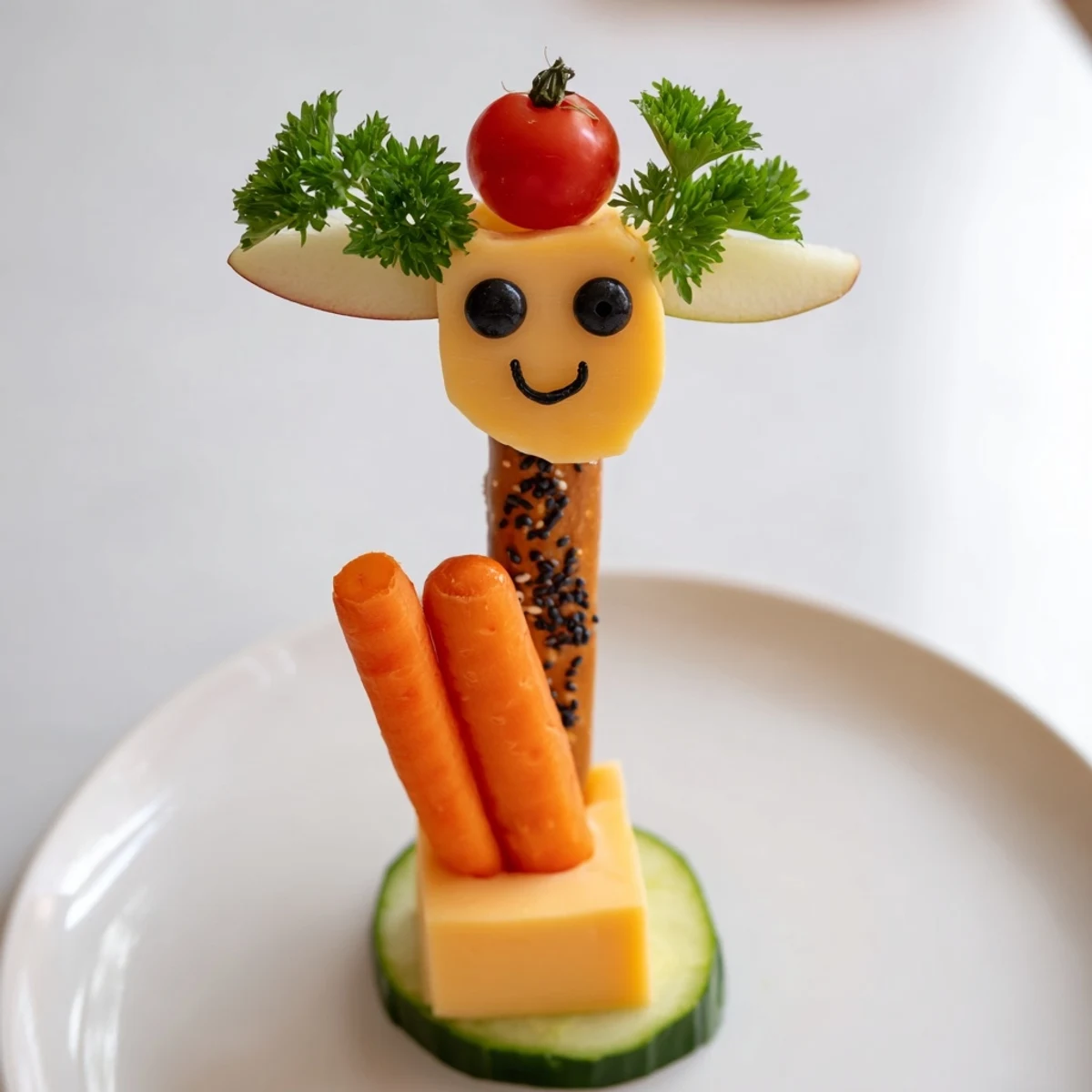 This vibrant Long-Necked Giraffe Snack Tower offers a healthy, colorful snack with fresh apple ears.
