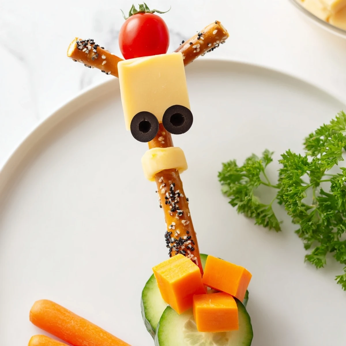 A delicious close-up of the fun Long-Necked Giraffe Snack Tower, featuring pretzel neck and cheese spots.