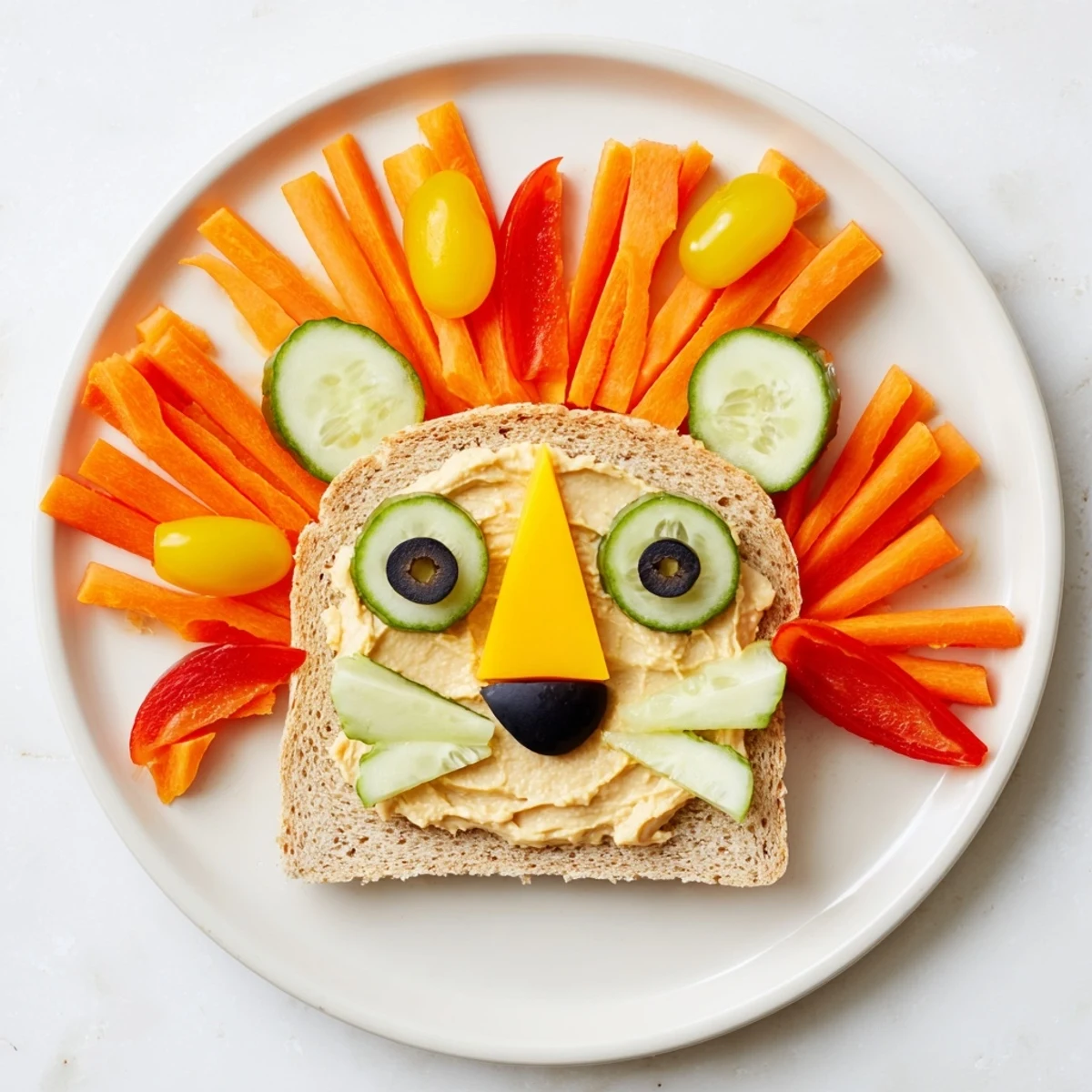 Vibrant King of the Jungle Lion Lunch Board displaying carrots, olives, and cheddar cheese arranged as a child's meal.