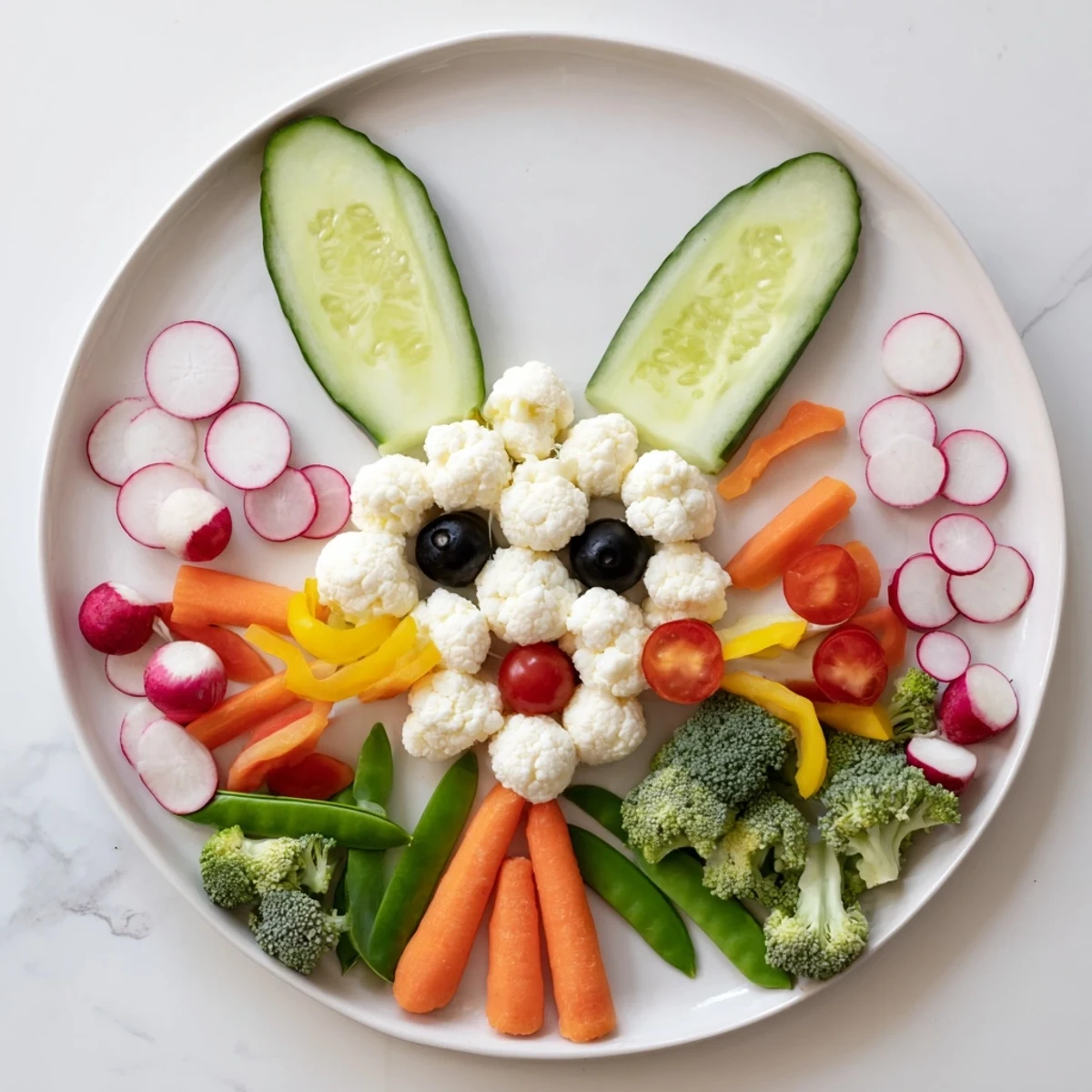 This vibrant Easter Bunny Spring Platter features a delicious assortment of healthy, colorful snacks arranged artfully.