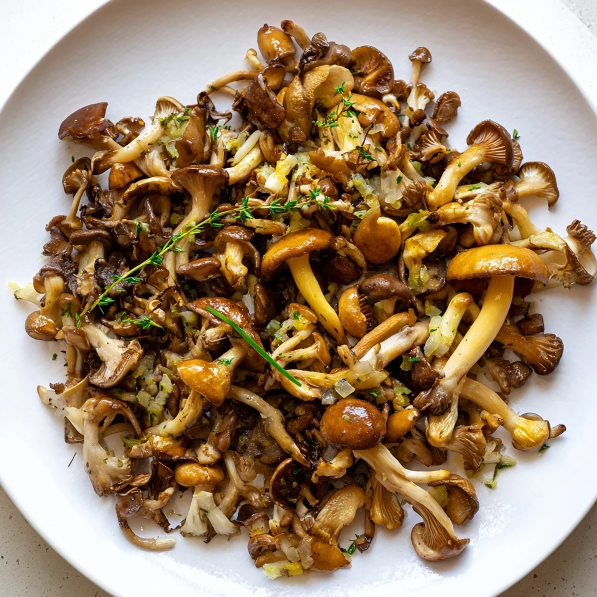 Sizzling Enchanted Forest Mushrooms, golden brown, with fresh herbs and garlic in a white wine sauce.