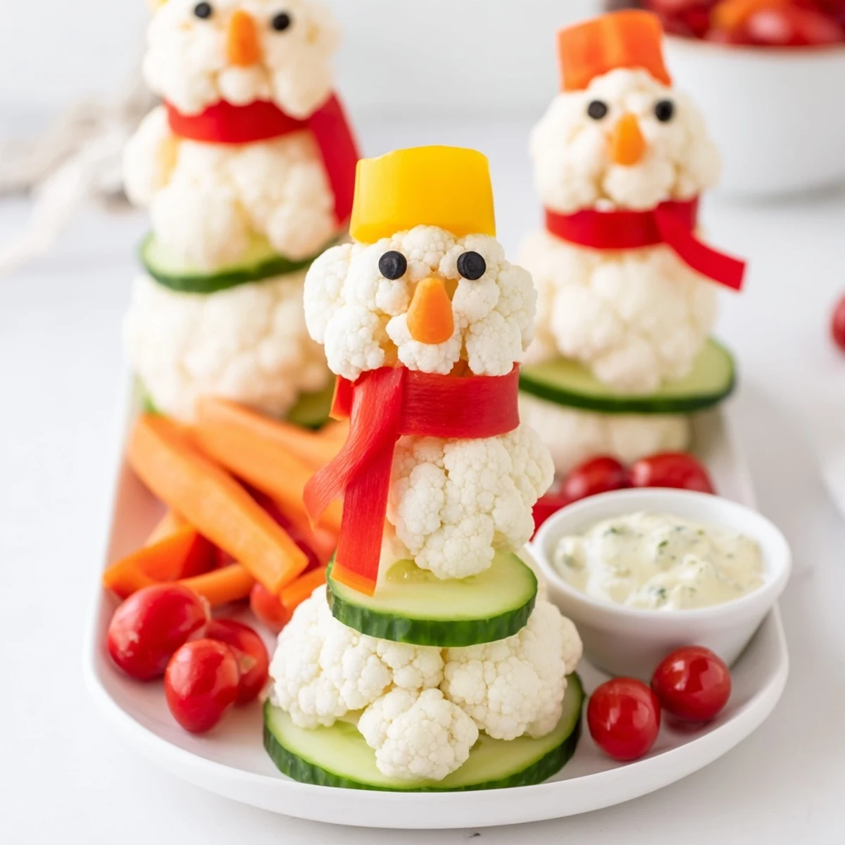 Enjoy a whimsical plate of Snowman Crudités with Dip, featuring crisp vegetables served with creamy dip.