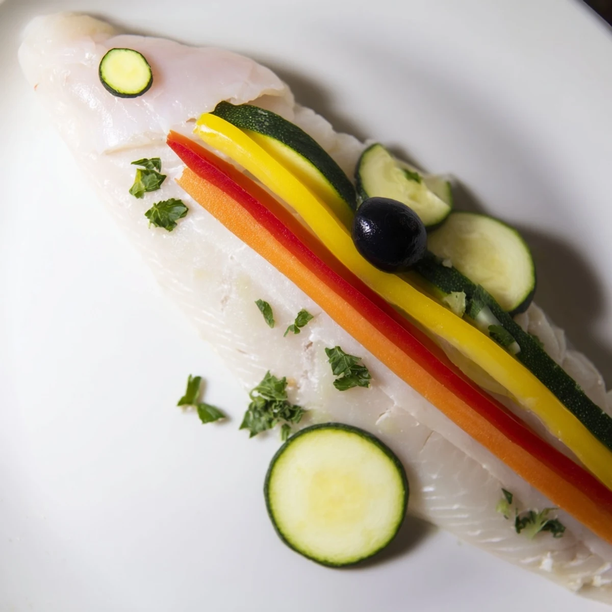 Light Fish-Shaped Meal: Baked white fish fillet with vibrant vegetable scales and a cucumber tail.