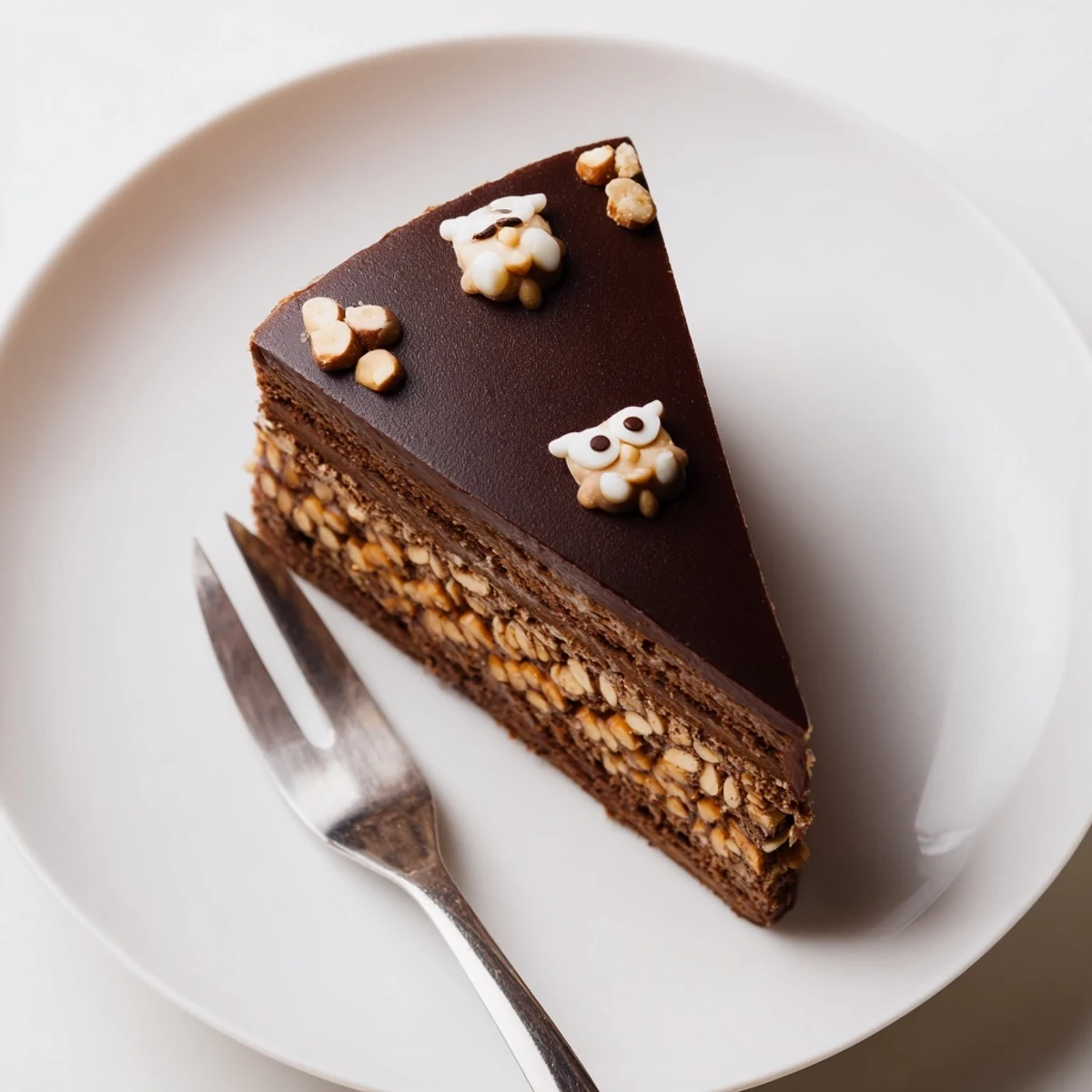 Layers of dark chocolate mousse and praline crunch make up this stunning Plaisirs Sucrés Hibou de la Nuit cake.