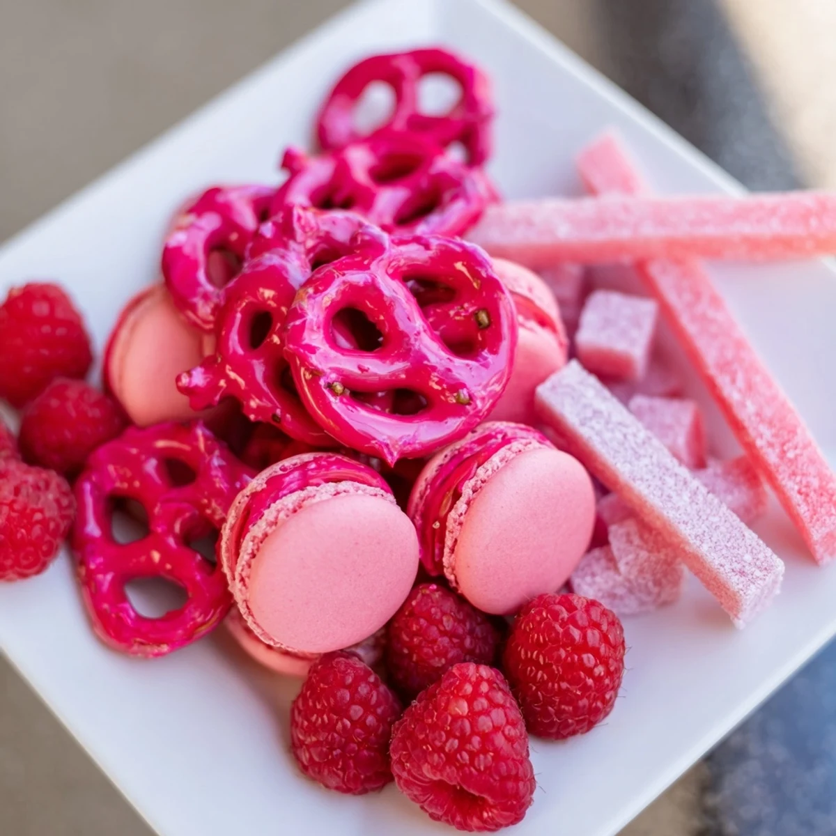 Vibrant Baby Reveal snack board overflowing with pink and blue treats like macarons and fresh berries.