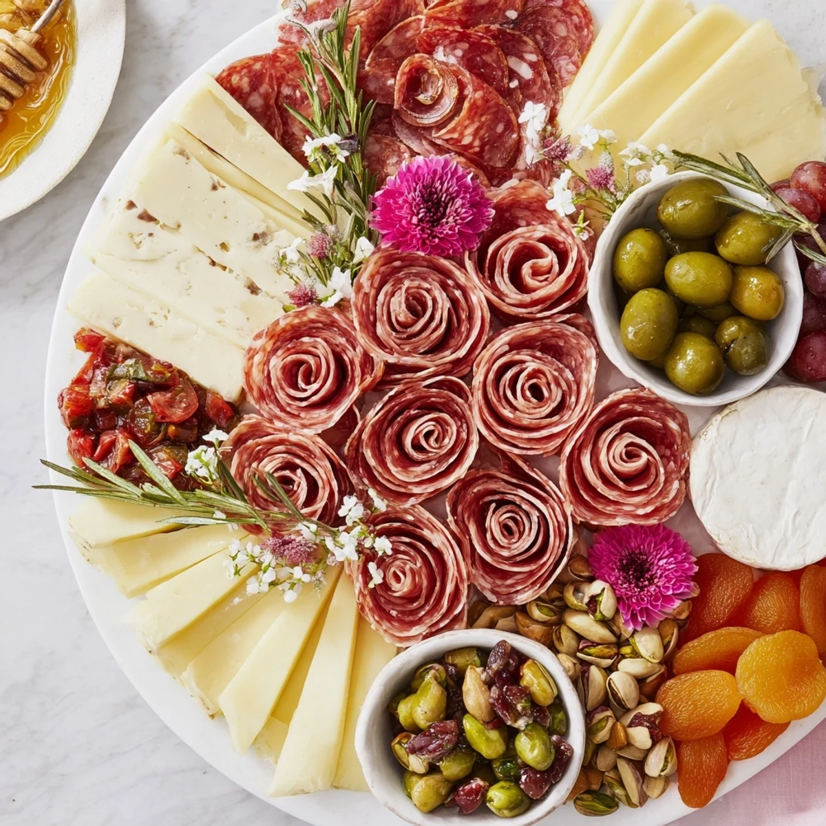 Meat and Cheese Rose Garden Board: A vibrant charcuterie board, displaying artfully arranged meats and cheeses.