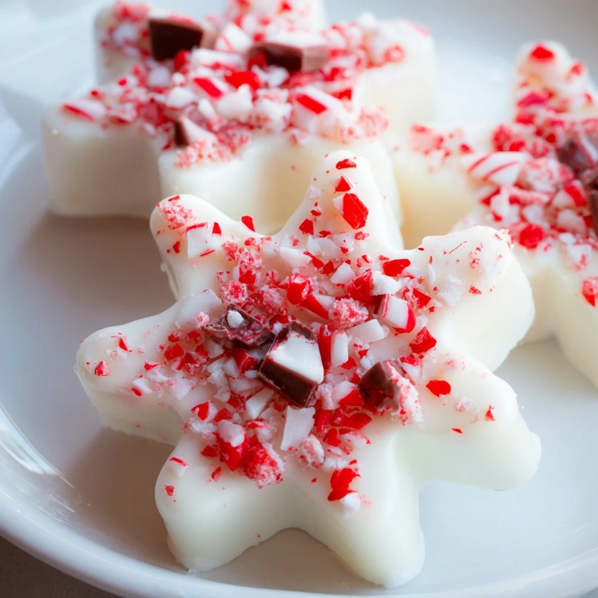 Melted white chocolate covers the dark chocolate base of Peppermint Bark Snowflakes, ready to chill and slice.