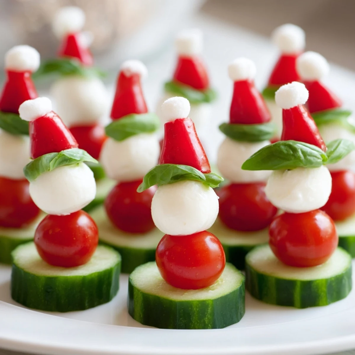 Festive Savory Crudités platter showcases red and green veggie "Santa hats" with creamy dip.