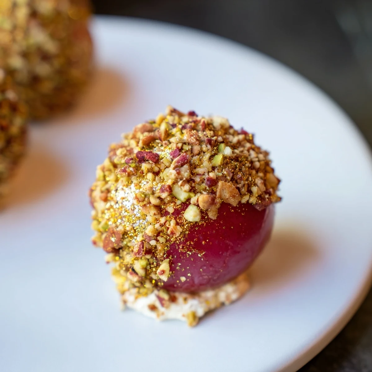 Sparkling grape cluster appetizer, a vibrant display of red and green grapes layered in creamy cheese.