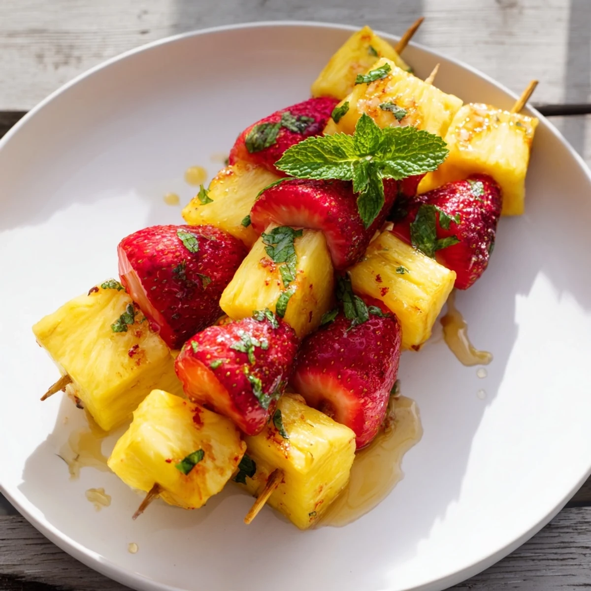 Beautifully arranged fruit skewers showcasing bright chunks of pineapple and sweet strawberry halves.