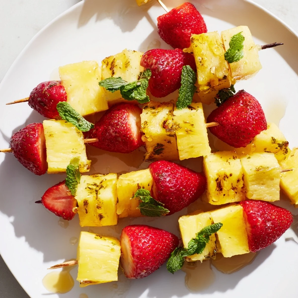 Close-up of refreshing fruit skewers: pineapple and strawberries, a perfect healthy snack option.