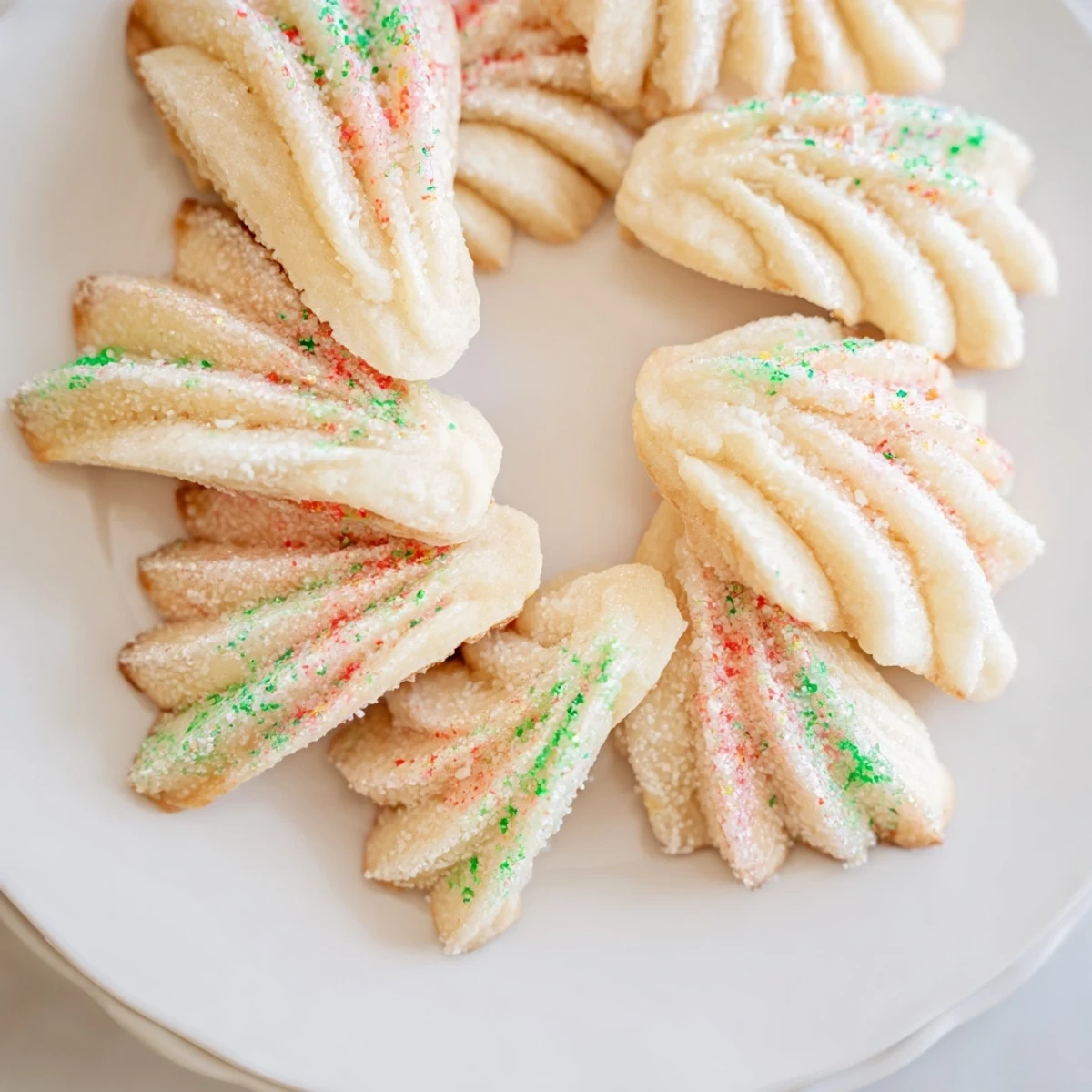 Close-up of vibrant Spritz cookies, beautifully arranged in a layered fan shape, ready for serving.