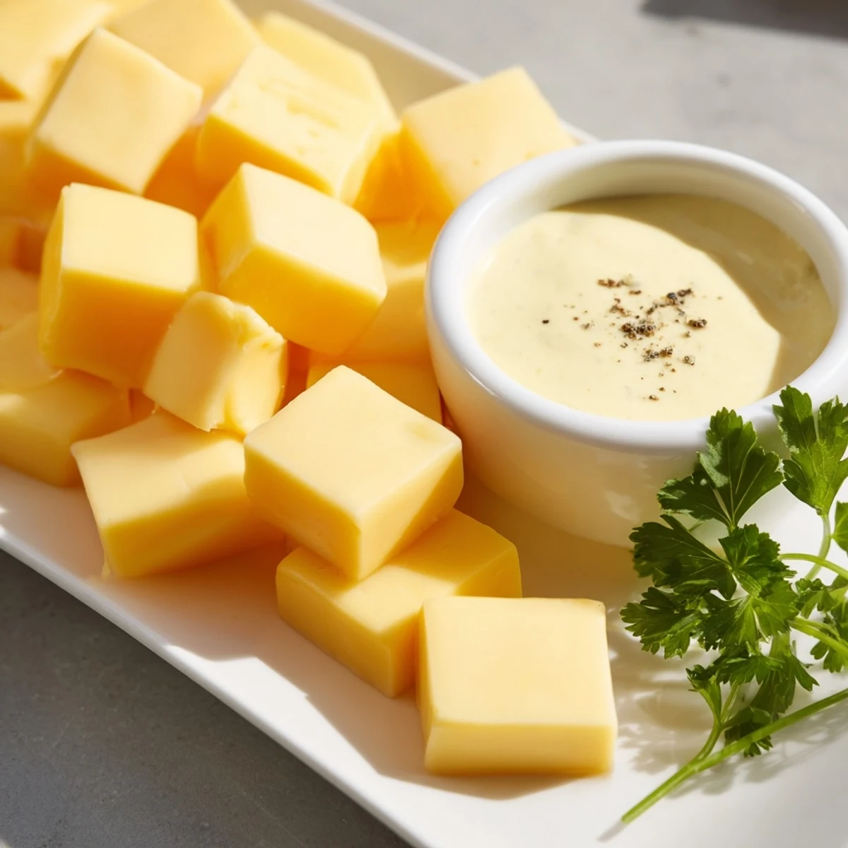 Gouda cubes arranged on a platter, ready to be dipped into the vibrant mustard dip bowl.