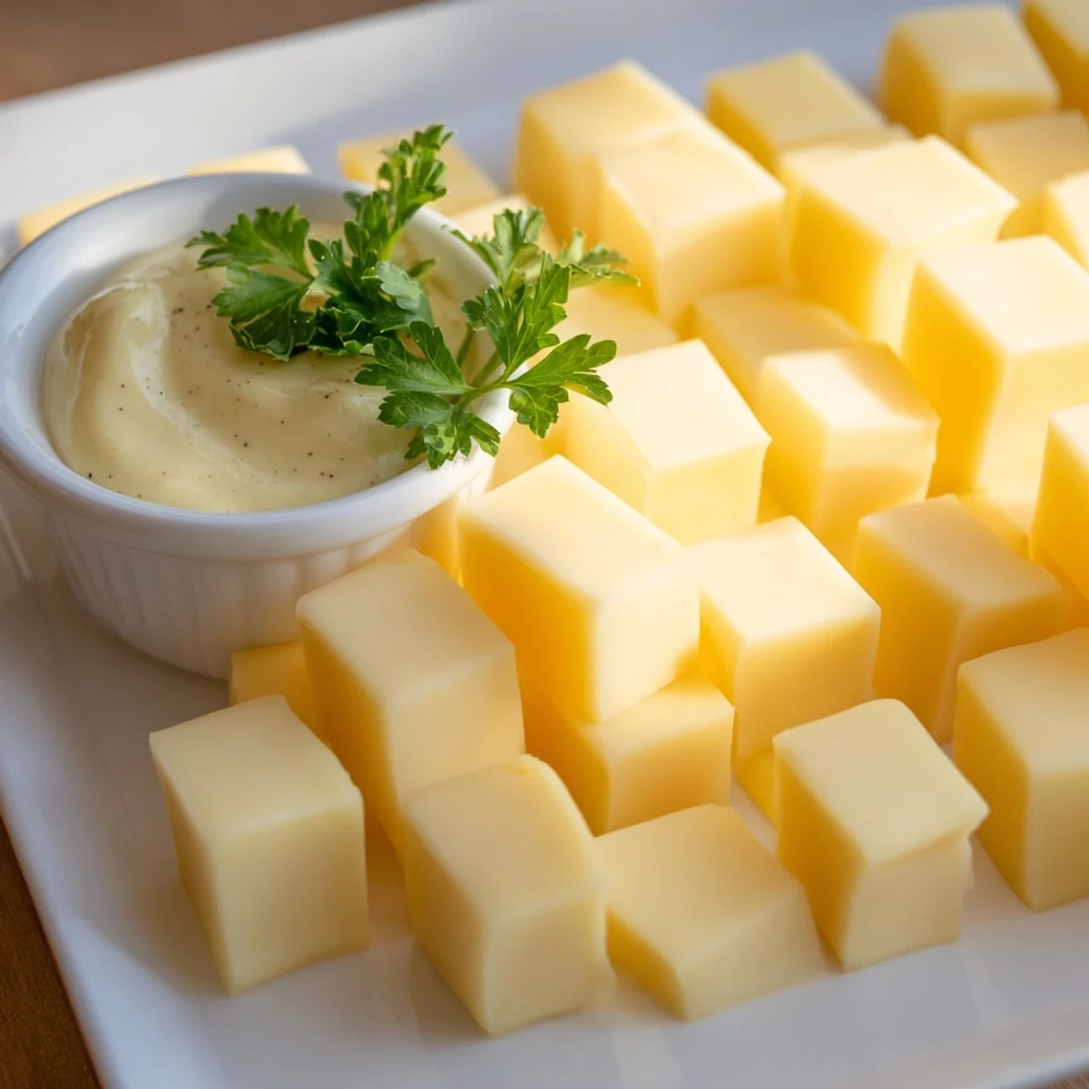 Sophisticated cheese platter showcases golden Gouda cheese cubes alongside creamy mustard dip for serving.