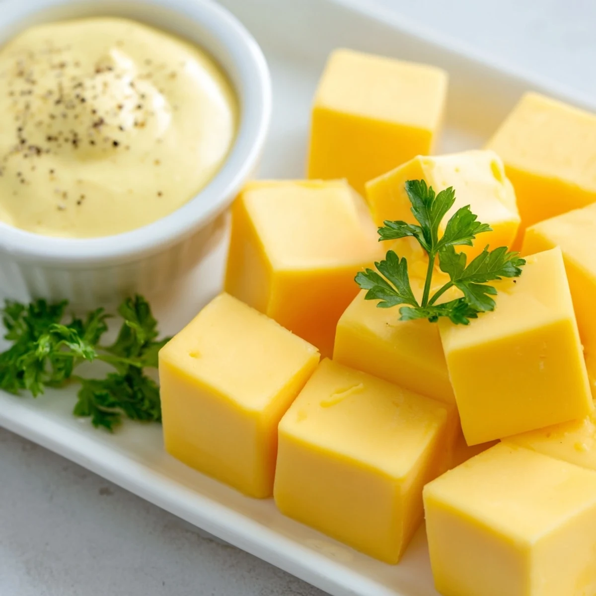 Close-up of a cheese platter: Gouda, mustard dip, and optional fruit offer a tasty appetizer.