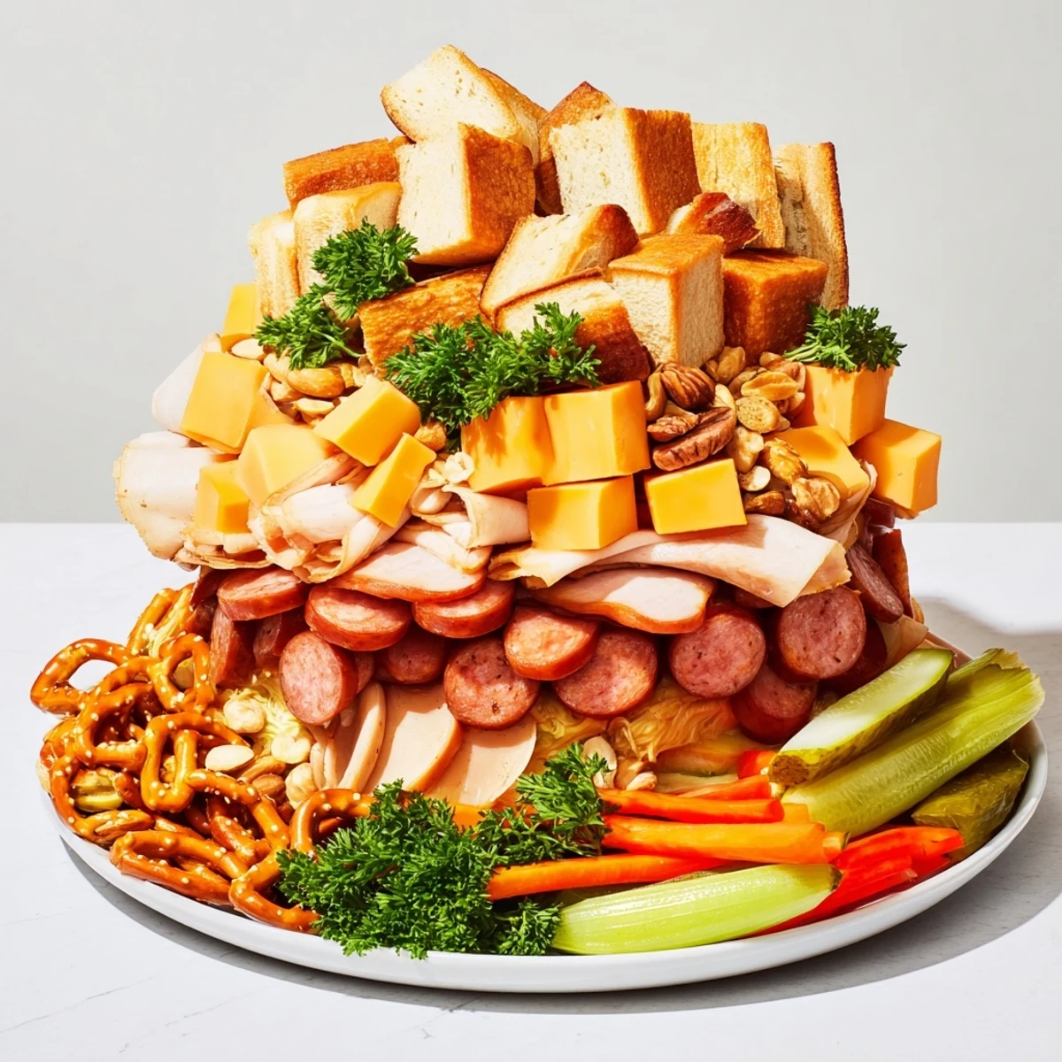 Hearty Tailgate Party Power Stack features savory smoked sausage and cheddar cheese, perfect for sharing and satisfying.