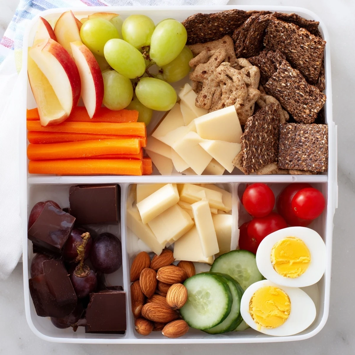 A beautifully arranged Road Trip Snack Box featuring a variety of textures and fresh, delicious ingredients.