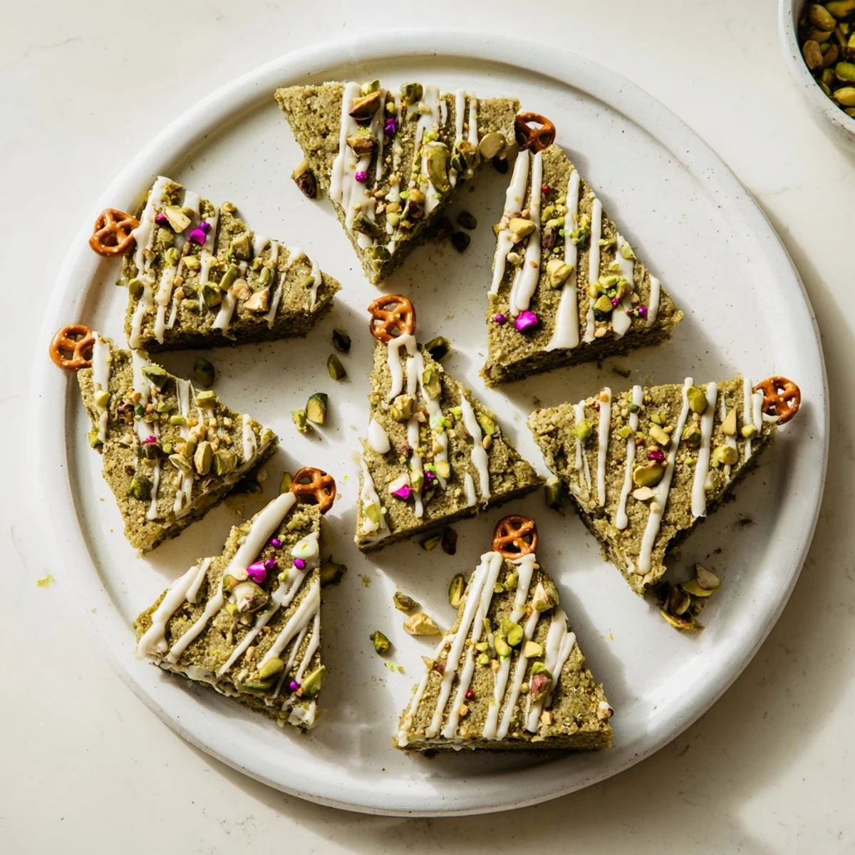 Golden-brown Matcha Pistachio Christmas Tree Blondie Bars, sprinkled and festive, ready for a delicious holiday bite.
